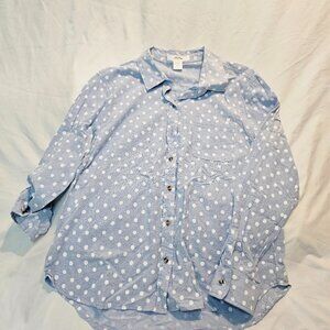 Love Potion Womens Long Sleeve Button-Down Shirt SizeXL Blue Polka Dot